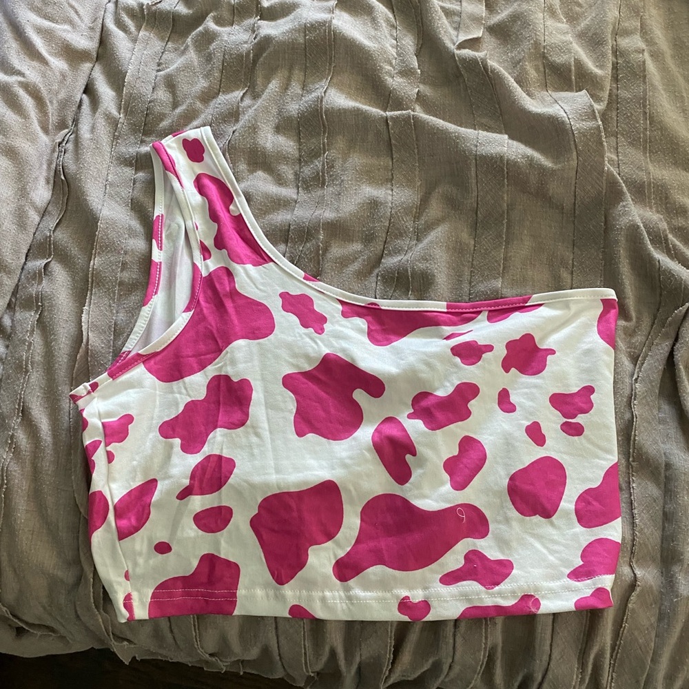Never Worn One Shoulder Pink Cowprint Top